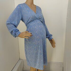 H & M MATERNITY  BLUE FLORAL LONG SLEEVE V NECK CASUAL MATERNITY DRESS SIZE: M